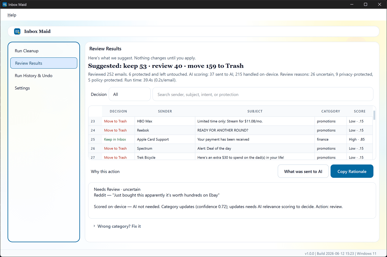 Inbox Maid desktop app showing the Review Results preview: a suggested plan to keep, review, and move emails to Trash, with the sender, subject, category, and a reason for each — nothing changes until you apply.